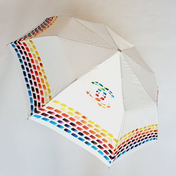 NEW Chanel Folding Umbrella White Multicolor with giant Pearl Handle - Picture 1 of 16